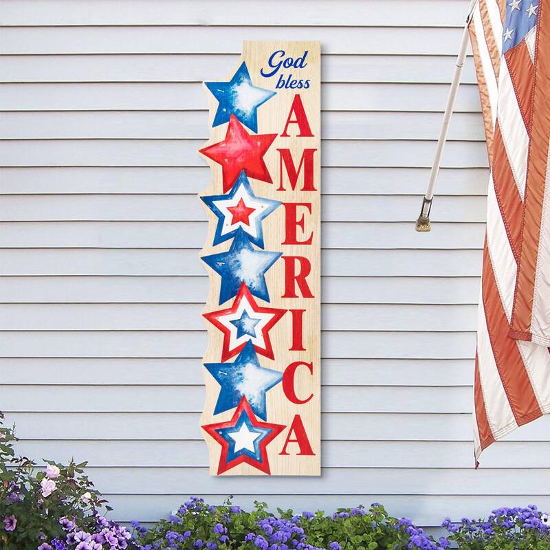 Glitzhome 42"H Lighted Patriotic/ Americana Wooden Stacked Stars Porch Sign with Timer