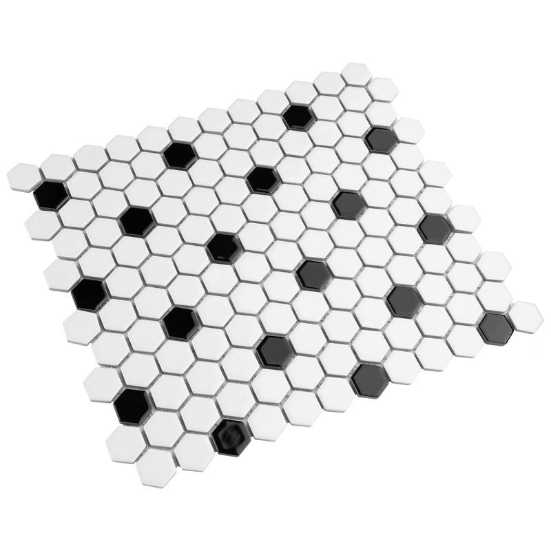 Merola Tile Metro 1" Hex Glossy White w/Black Dot 10-1/4" x 11-7/8" Porcelain Floor and Wall Tile