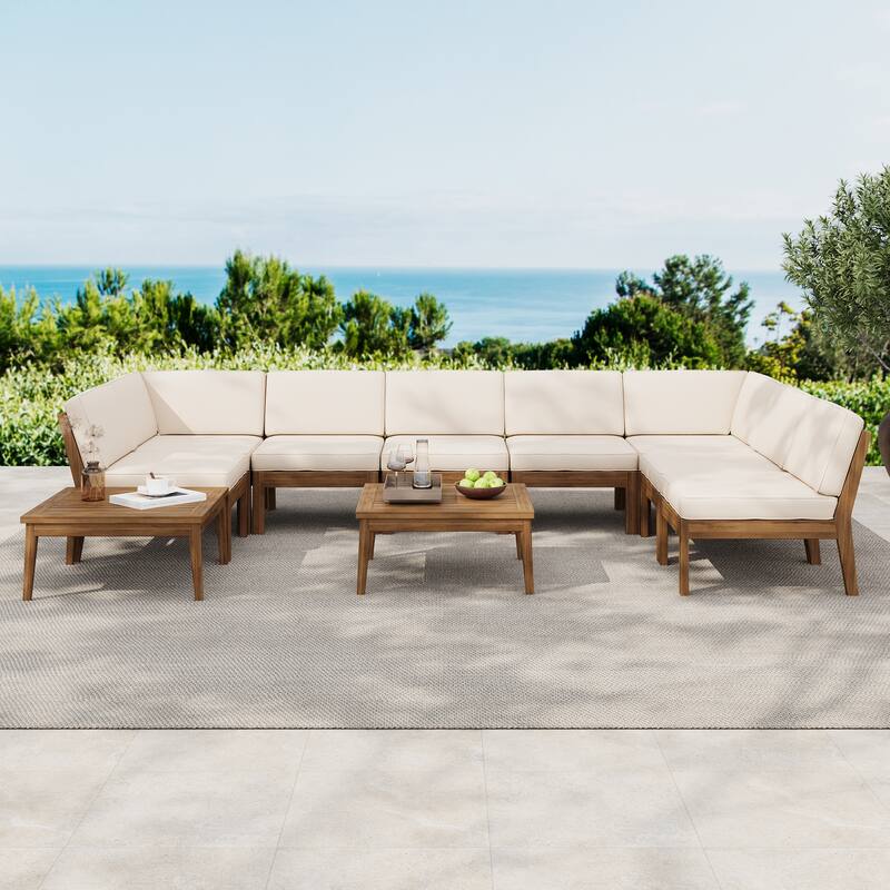 Christopher Knight Home - Xanthe Acacia Wood Patio 10 Piece Sectional Sofa Set with Water Resistant Cushion - Teak Finish+ Beige Cushion