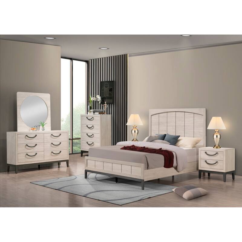 Contemporary Queen Panel Bed with Beige White Finish and Low Profile Footboard