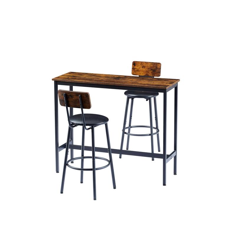 Brown 3-Piece Metal Frame Bar Dining Table Set with 2 Bar Stools