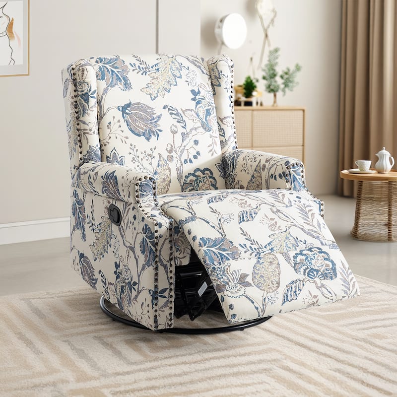 UIXE Roderich Farmhouse Floral Print Swivel Rocker Push Back Recliner - Plants Blue