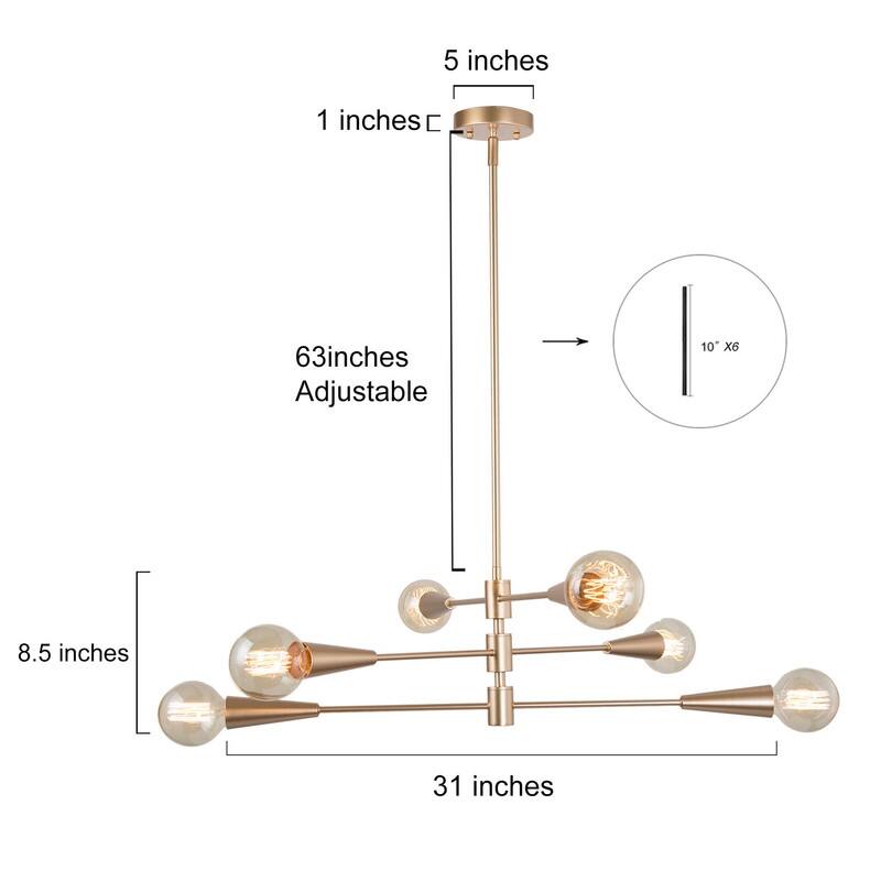 6-light Mid-century Modern Sputnik Chandelier Gold 31'' Adjustable for Kitchen Island - Rose Gold - D31" x H72.5"