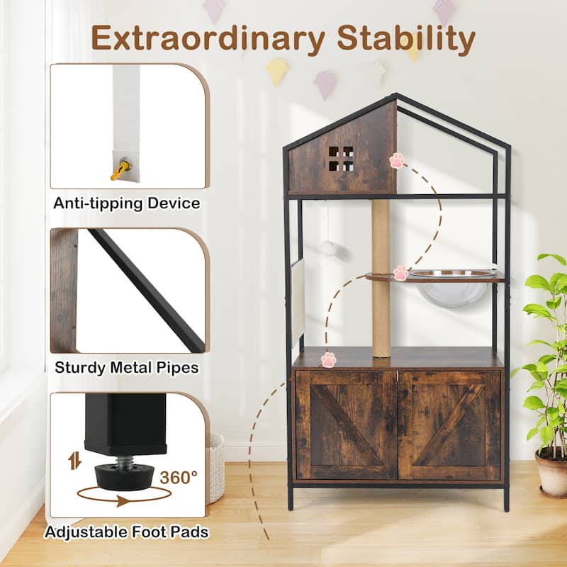 59" Tall Rustic Wood Cat Tree with Hidden Litter Box Enclosure Condo and Scratch Post Cat Tower