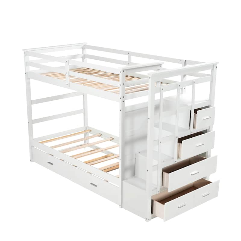 Wood Twin Over Twin Bunk Bed with Trundle and Staircase