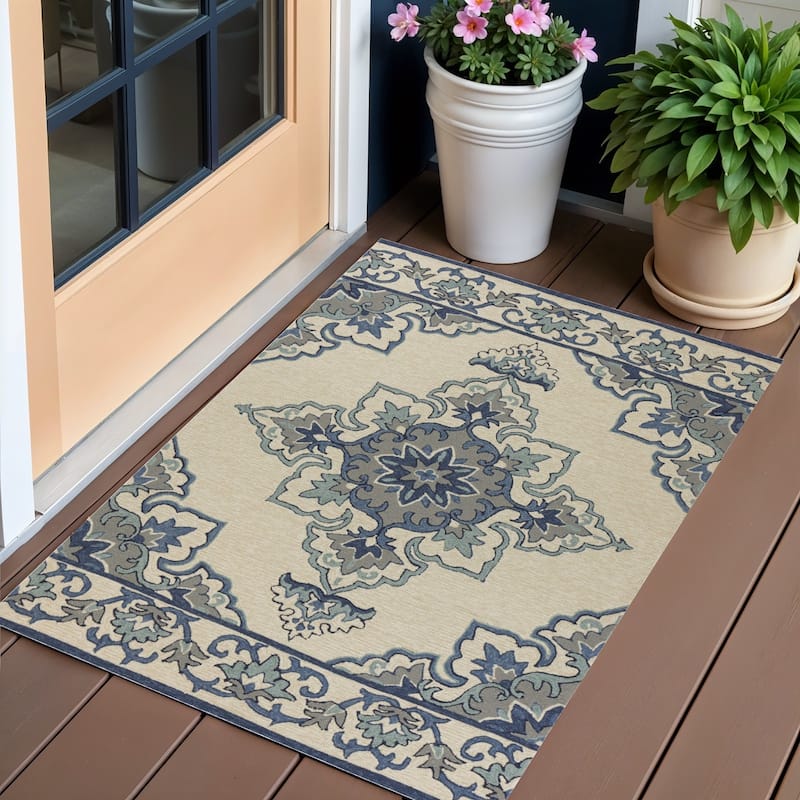 Talo Garden-Inspired Weather Resistant Refined Traditional Hand-Woven Outdoor Rug - 3' x 5' - 3' x 5' - Ivory/Blue