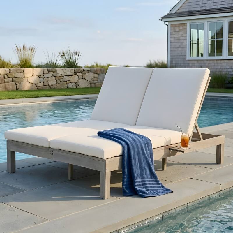 5-position adjustable backrest double recliner, outdoor lounger with cushion and foldable side tray, accommodates two people. - Gray