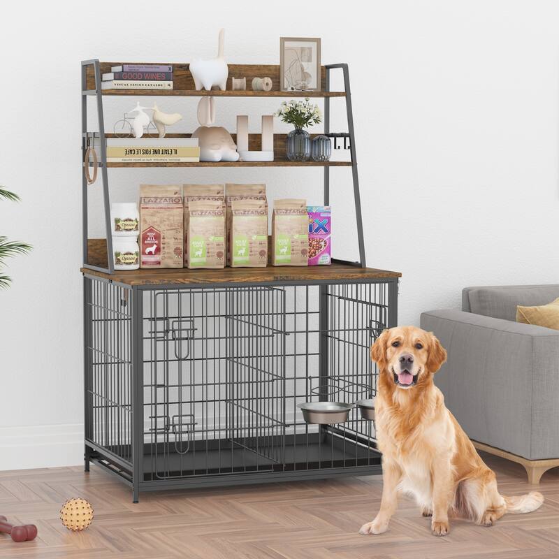 Dog Crate Furniture with Storage Shelves Removable Tray
