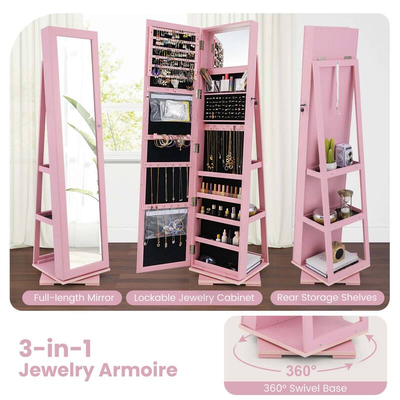 Costway 360degree Rotatable Jewelry Cabinet 2-in-1 Lockable Mirrored - See Details