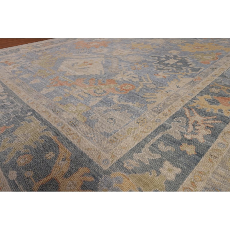 Blue Oushak Turkish Rug Handmade Vegetable Dye Wool Carpet - 9'3"x 11'11"