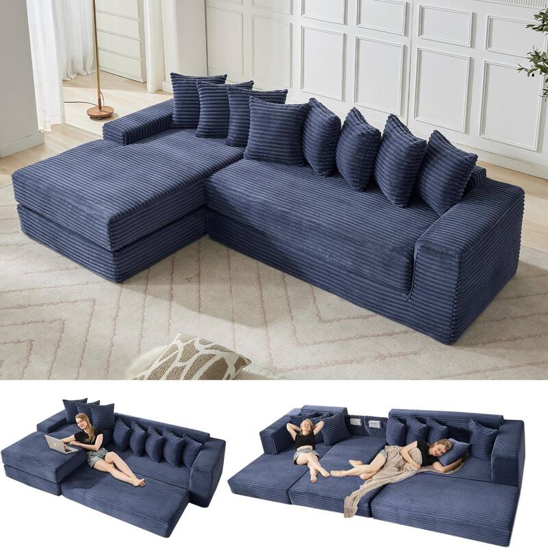 Floor Sleeper Sofa Bed Convertible L-shaped Modular Sectional Couch with Chaise, Corduroy Compression Sofa with Side Pockets