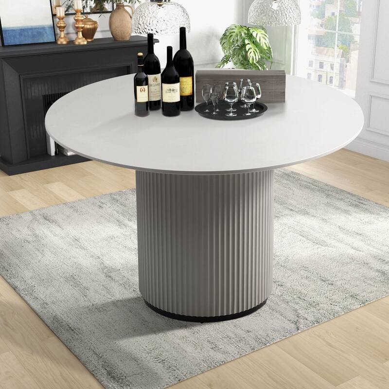 Modern Black Gray 4-6 People Round Dining Table with Roman Columns for Dining Room - Light Grey