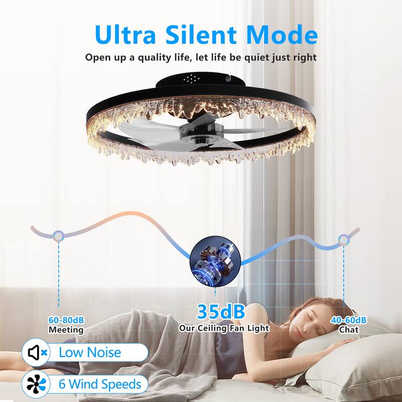 LunaDrift 16"20"24" Modern Black Crystal Smart Flush Mount Ceiling Fan with Light, Dimmable Bedroom Ceiling Fan w/Remote
