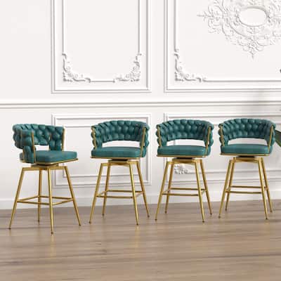 360 Swivel Suede Woven Bar Chair Set of 4, Upholstered Barstools with Metal Base