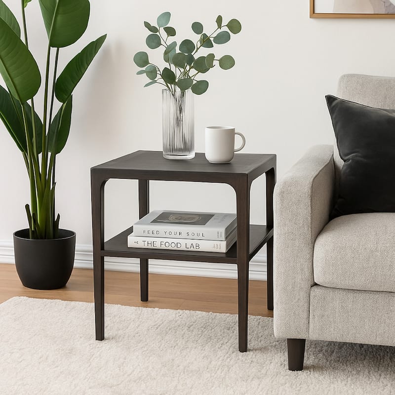 Geni Corner Table, 22 Inch Square Top w Shelf, Parsons Style Java Gray