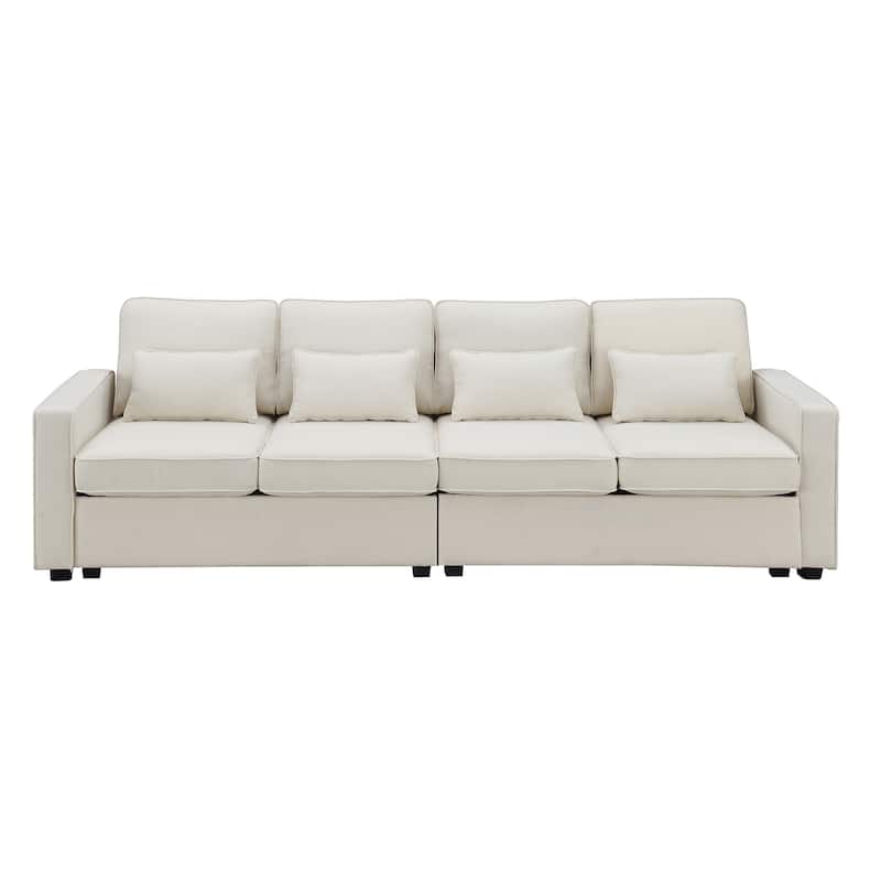 104" 4-Seater Modern Linen Fabric Sofa with Armrest Pockets and 4 Pillows,Minimalist Style Couch