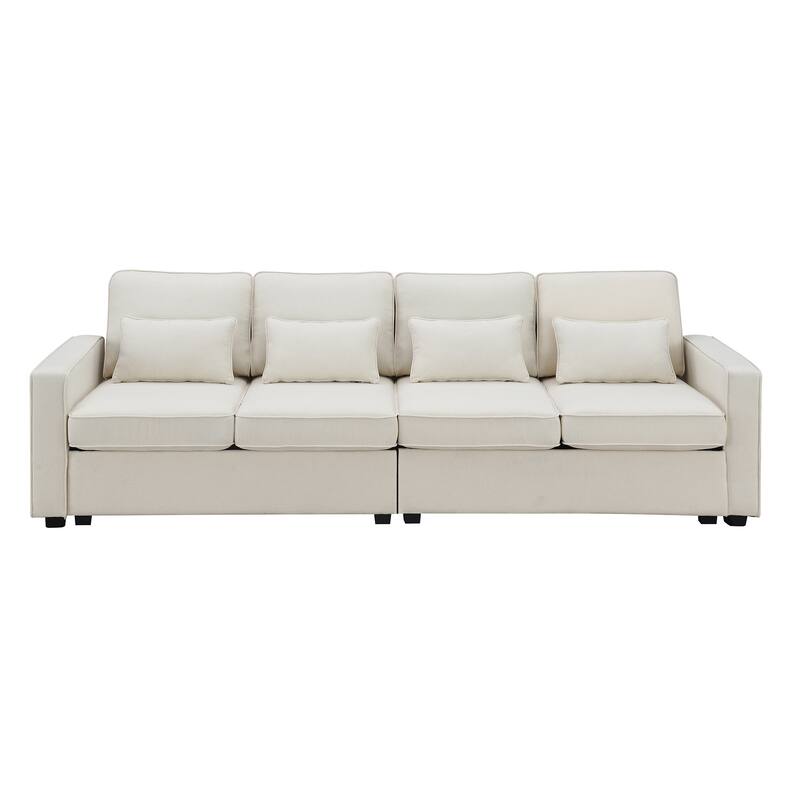 4-seat Linen Fabric Upholstered Sofa with Armrest Pockets & 4 Pillows