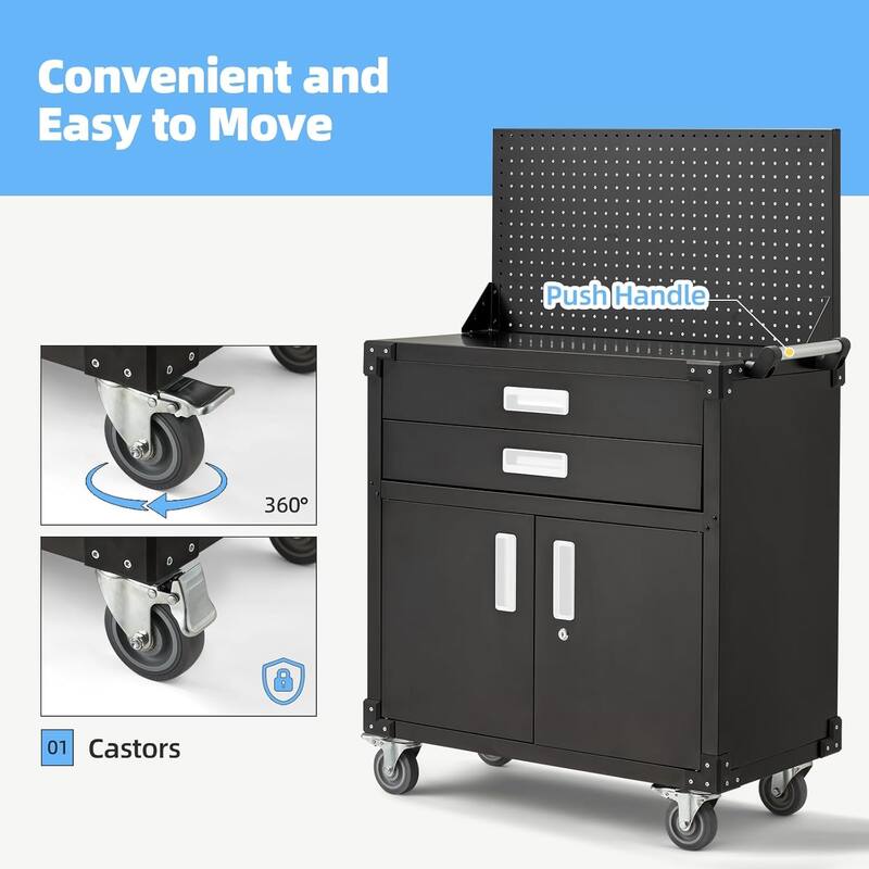 AECOJOY Rolling Tool Chest with Wheels 2 Drawers Pegboard