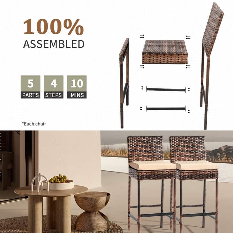 Patio PE Wicker Bar Chairs with Cushions(Set of 2)