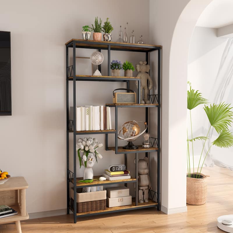 7-Shelves Staggered Bookcase Industrial Etagere Bookcase, Open Book Shelves
