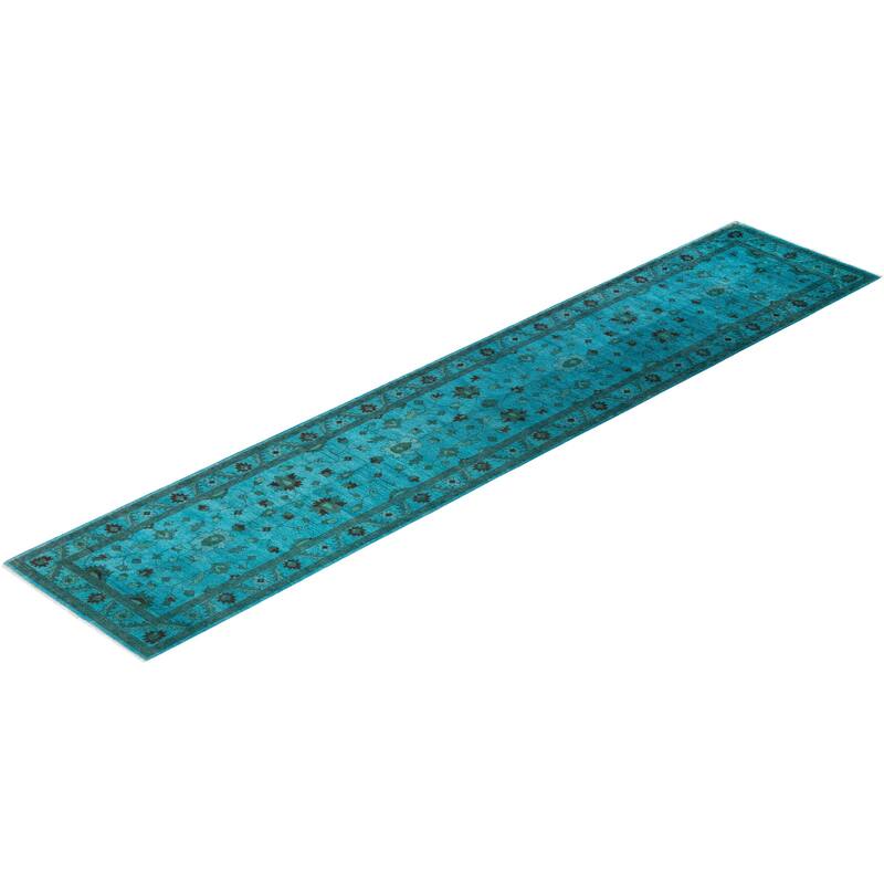 Overton Hand Knotted Wool Vintage Inspired Modern Contemporary Overdyed Blue Runner Rug - 2' 10" x 14' 9"