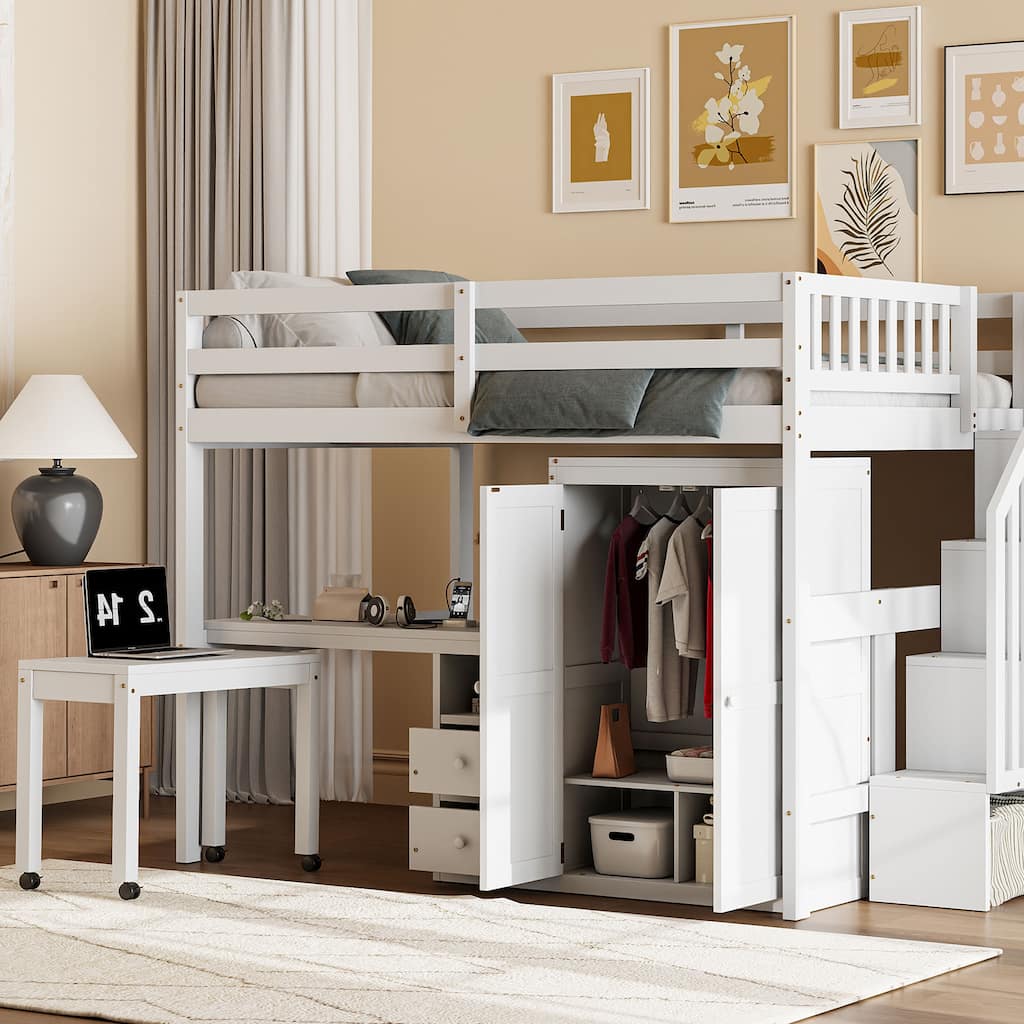 Space-Saving Full Size Loft Bed with Playhouse Design, Desk, Drawers, & Wardrobe - White, Multifunctional for Kids & Teens