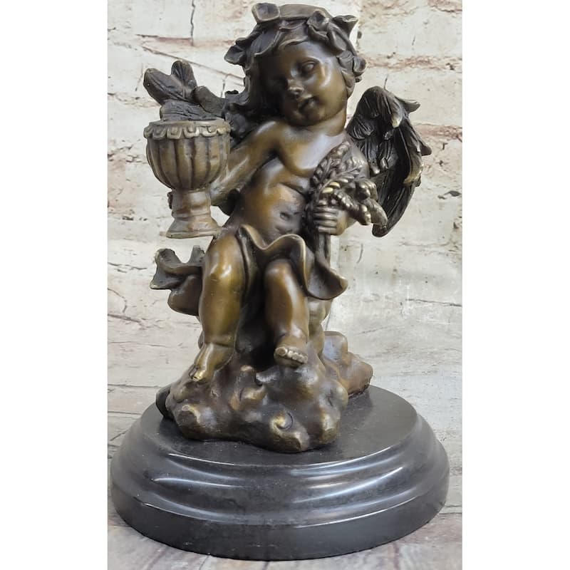 Handmade Cherub Holding Celebration Cup 8.5 Inches Bronze Candleholder Religious