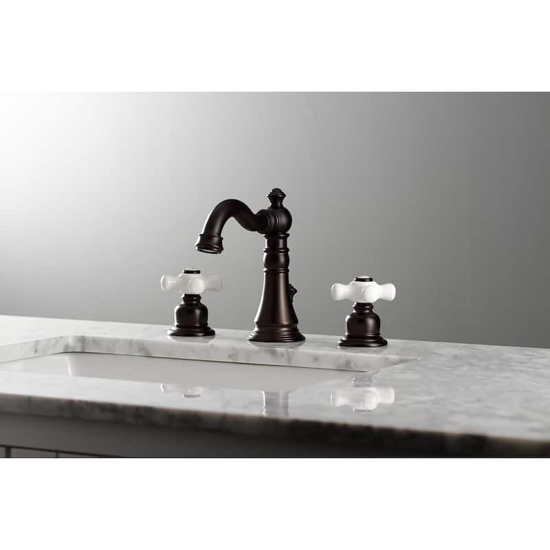 Kingston Brass American Classic Two-Handle 3-Hole Deck Mount Widespread Bathroom Faucet with Pop-Up Drain