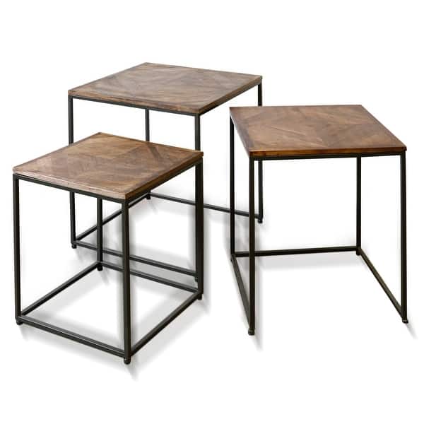 Set Of 2 Dark Wood Round Top Accent Tables With Black Iron Frame