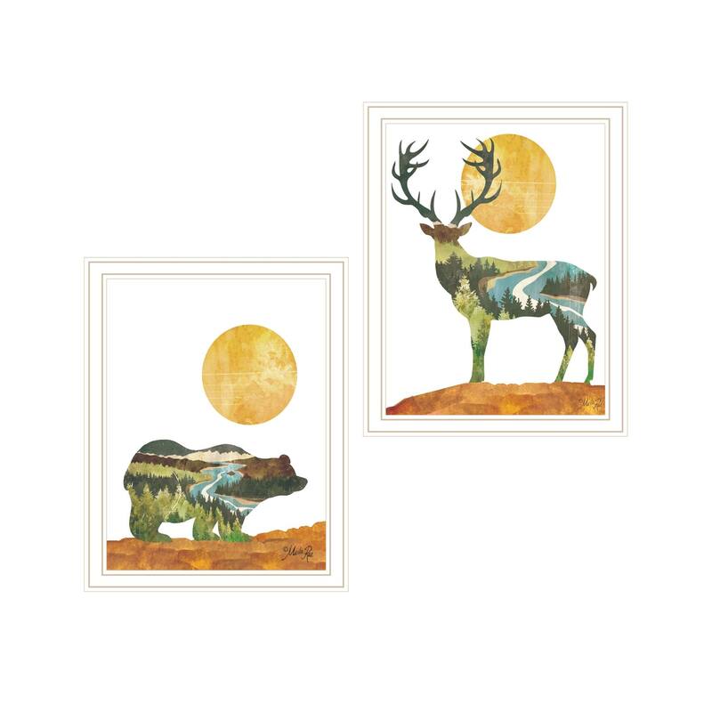 Trendy Decor 4U "Bear & Deer with Mirrored Image of a Forest in Side View" Printed Framed Wall Art by Marla Rea - White - 14 x 18