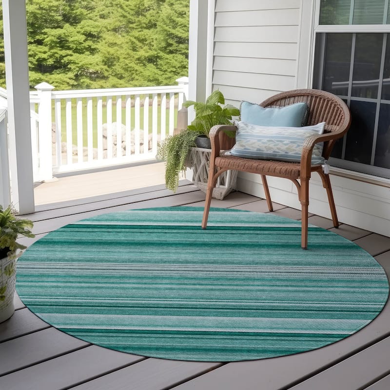 Machine Washable Indoor/ Outdoor Chantille Multi Stripe Rug - Aqua - 8' x 8'