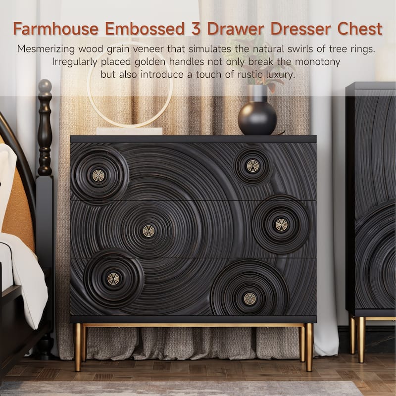 COZAYH Farmhouse Embossed 3 Drawer Dresser with Ring Motif, Distressed Boho Nightstand for Bedroom, Living Room, French Country