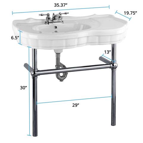 White Ceramic Console Sink Wall Mount with Black Legs, Soap Dish and Faucet Holes Renovators Supply