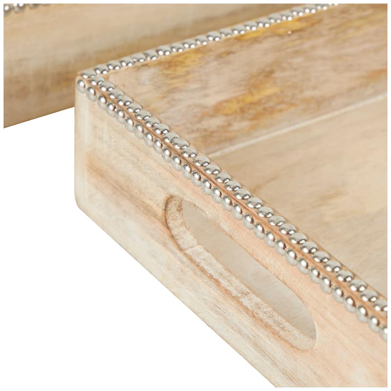 Mango Wood Tray with Silver Beaded Rim - Set of 2 Light Brown - Roche River Decor - 12"W x 19"L x 3"H