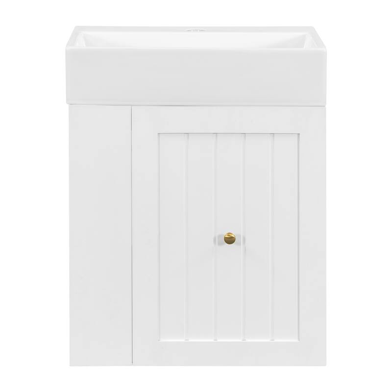 20 Inch Wall-mounted Bathroom Vanity with Ceramic Sink, Floating Bathroom Vanity Cabinet with Side Shelf for Small Bathrooms