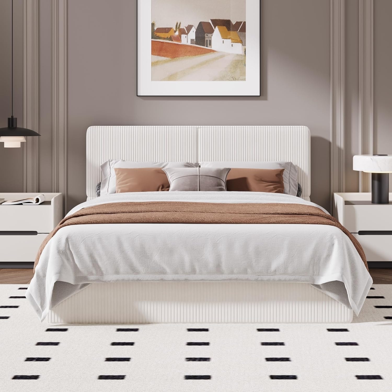 Queen Upholstered Platform Bed Frame with Headboard, Wood Slats Support, No Box Spring Needed, Easy Assembly