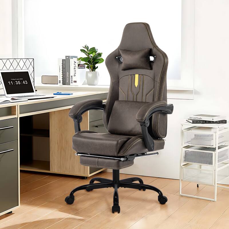 Gaming Chair with Massage Lumbar Support and Footrest, Comfortable Ergonomic Chair with Linkage Armrests, Height Adjustable