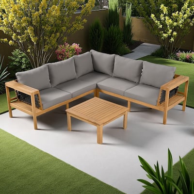 4-Pieces Outdoor Acacia Wood L-Shaped Sectional Sofa Set with Coffee Table and Arm Side Table
