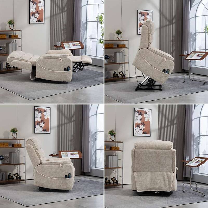 Dual Motor Oversized 180° Lay Flat Chenille Power Lift Recliner Chair with Retractable Tray, Wireless Charge