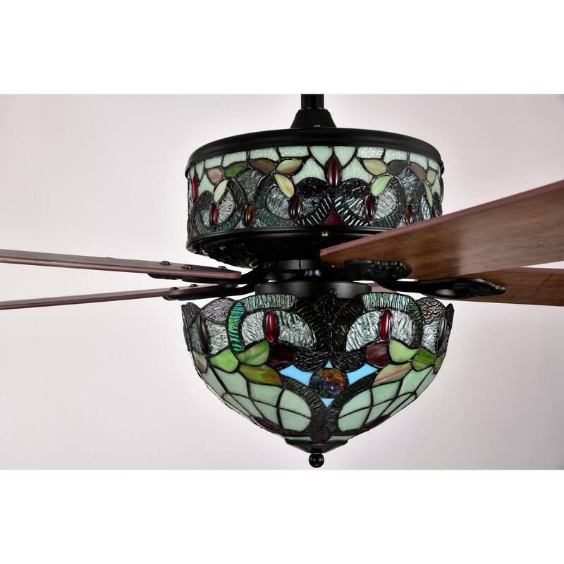 Inio 5-Blade Lighted Ceiling Fan 2-Tier Tiffany Style Glass