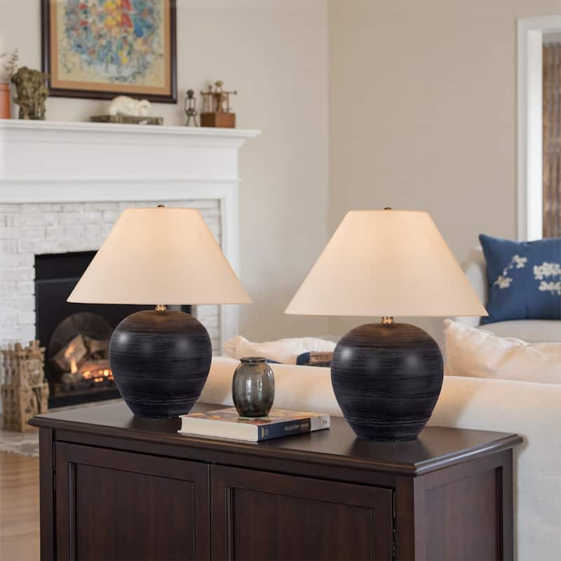 2 Pack Global Ceramic Accent Table Lamp with Linen Shade - Small size: 18"H x 15"W x 15"D - Black Striped
