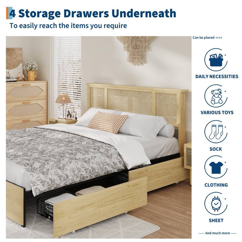 Boho Rattan Headboard Bed Frame with Under-Bed Storage, Sturdy Steel Base & Wooden Slats, No Box Spring Needed