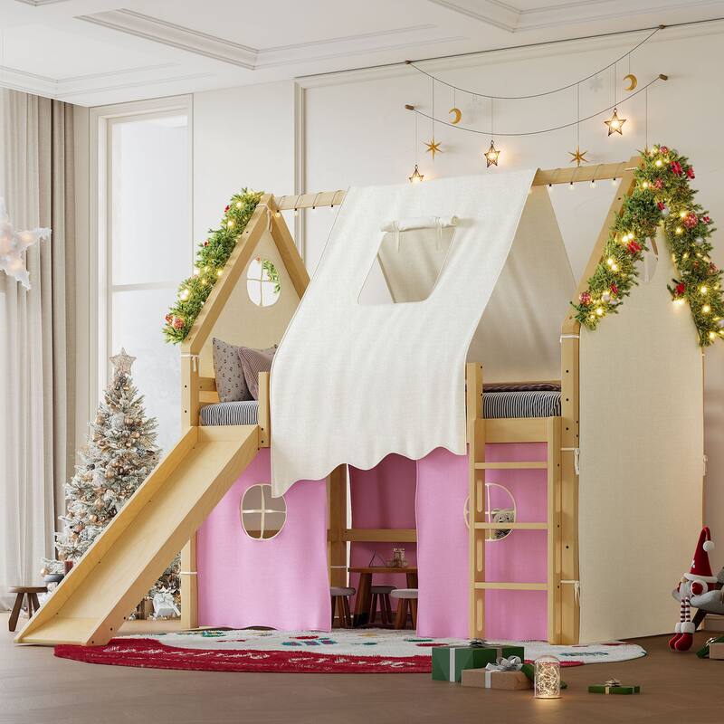 Roomfitters House Loft Bed with Slide and Tent, Solid Wood Frame with Lights - Natural,Pink - Full