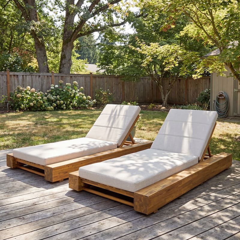 Christopher Knight Home - Amedea Outdoor Acacia Wood Chaise Lounge with Adjustable Backrest & Water-Resistant Cushion - Set of 2-Beige+Teak Finish