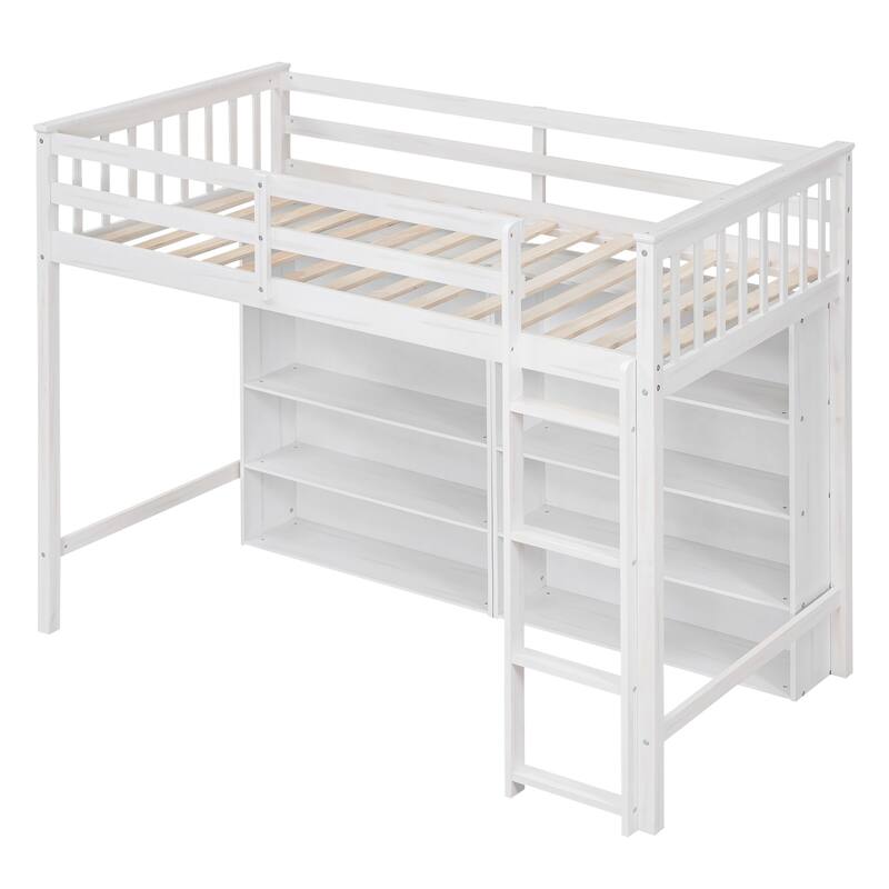 Loft Bed with 8 Storage Shelves and Built-in Ladder