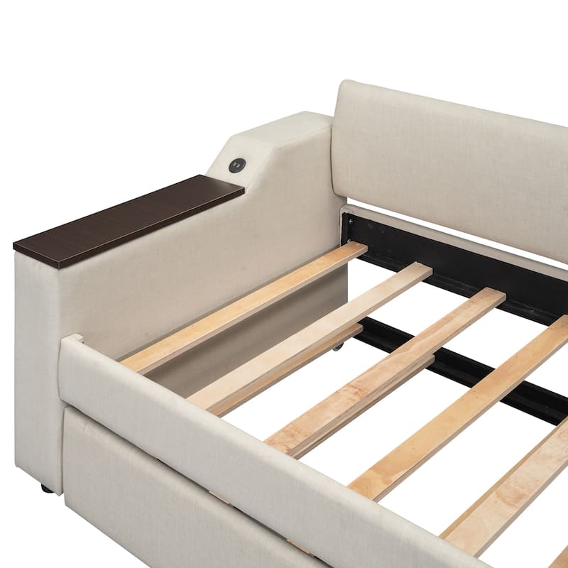 Upholstery Daybed with Storage Arms, Trundle and USB Design