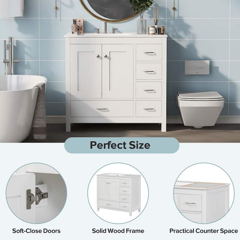 Roomfitters 36" Bathroom Vanity with Ceramic Sink, Storage Cabinet with 2 Soft-Close Doors and 5 Drawers, White