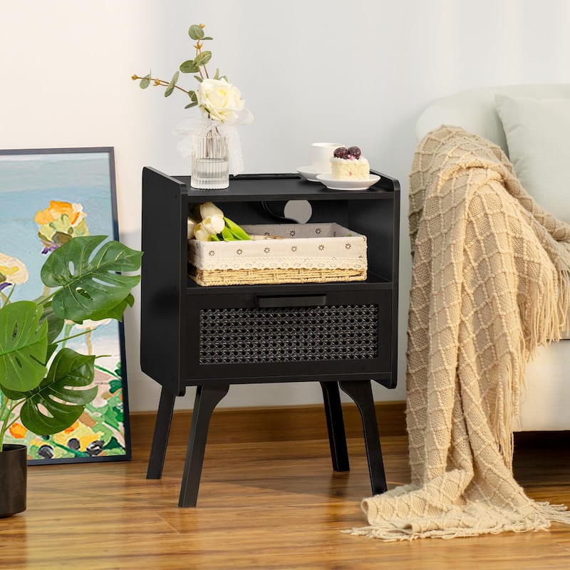 Rattan Nightstand with Charging Station,Side Table with Drawer Open Shelf,Cane Bedside End Table with Solid Wood Legs