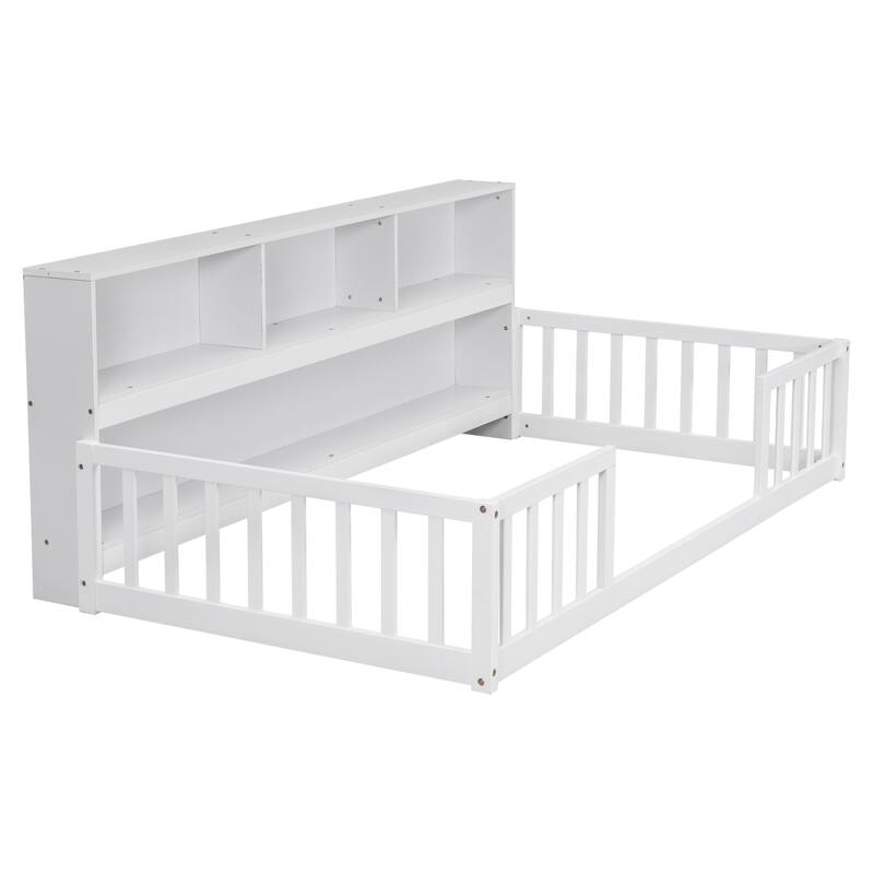 Nestfair Twin Floor Bed with Bedside Bookcase and Shelves and Guardrails