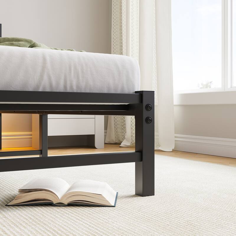 Twin Size LED Platform Bed with USB Charging Station and Steel Slats
